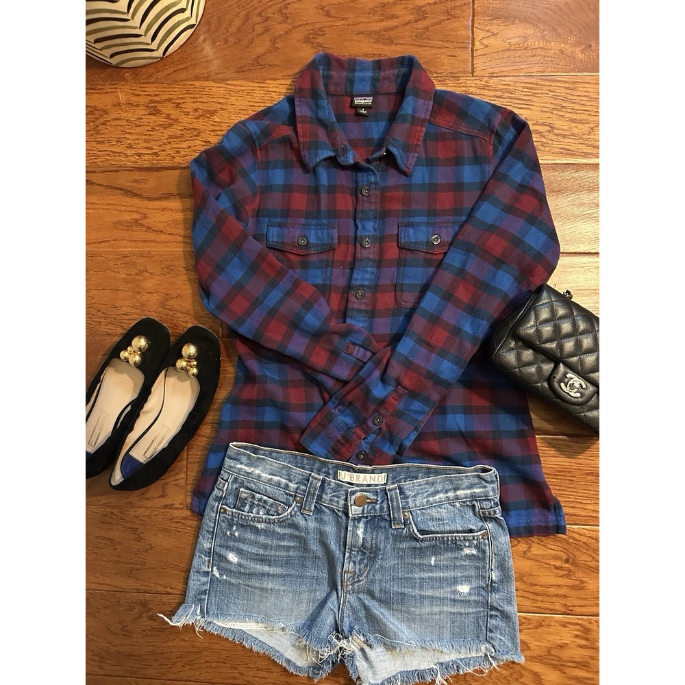 Patagonia Womens 4 Organic Cotton Flannel Shirt Long Sleeve Plaid Blue Red